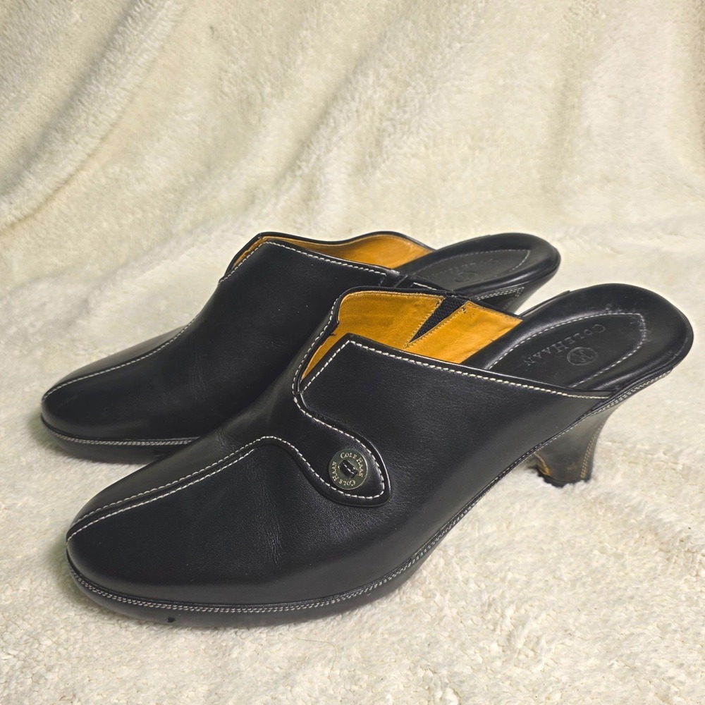 Cole Haan Heeled Mules Black Contrast Stitch Leather Shoes Wrap Heel Womens 11 B